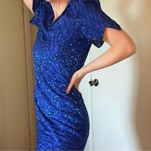 Vintage gatsby style beaded maxi gown 80s laurence kazar Blue 100% Silk dress - Picture 3 of 10